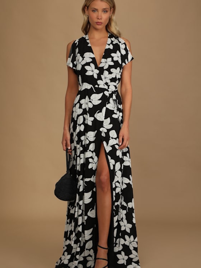 Lulus Azalea Regalia Black Floral Print Wrap Maxi Dress - Size L